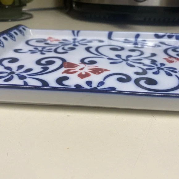 Pier 1 Butterfly Blossom Hand Painted Glass Porcelain Serving Tray Platter - Picture 9 of 11